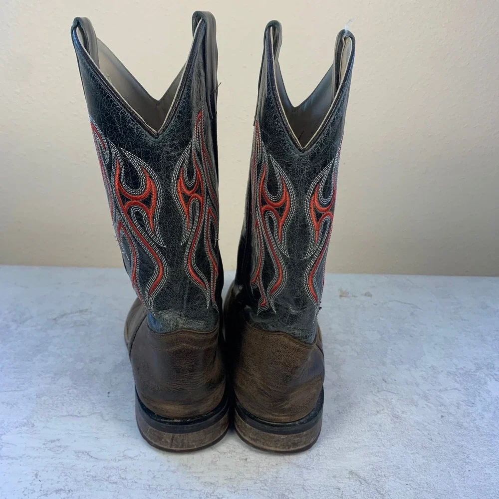 Old West Boys 5.5D Cowboy Boots Brown Leather Black Red Flame Embroidery BSY1868